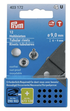 Prym silver-coloured hollow tubular rivets with tools.