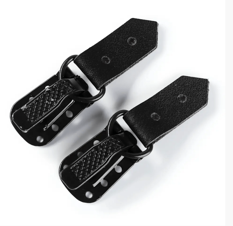 Two black leather fur hook clips with metal fastenings.