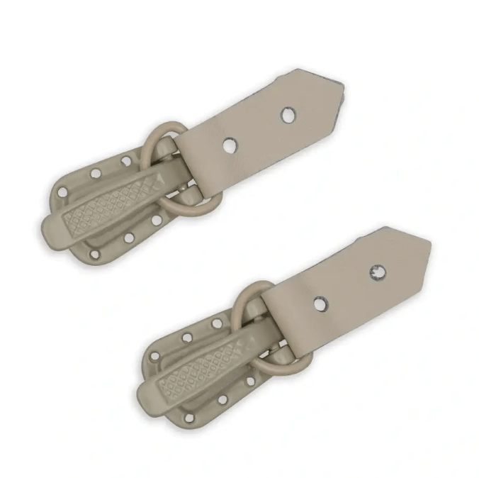 Two beige leather and metal fur hook clips with eyelets.