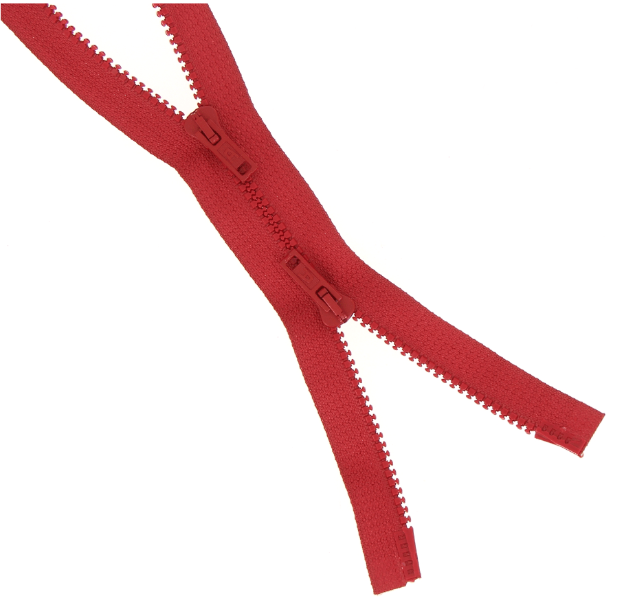 Red chunky open-end 2-way zipper with two sliders.