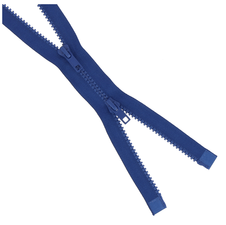 Dark blue chunky open-end 2-way zipper with two sliders.