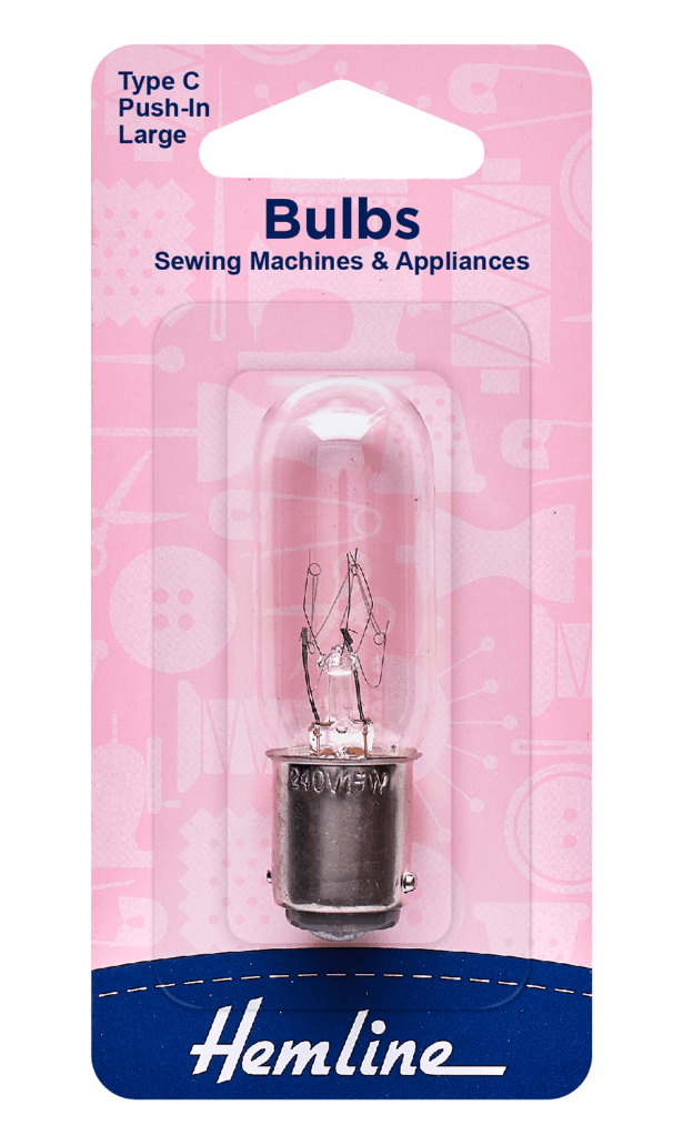 A 15W 240V bayonet fitting sewing machine bulb in pink packaging.
