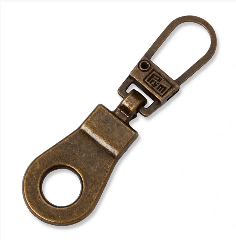 Metal zipper puller with a rust-resistant eyelet and snap hook.