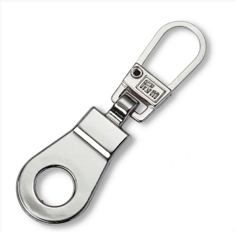 Metal zipper puller with a classic design and rust-resistant eyelet.