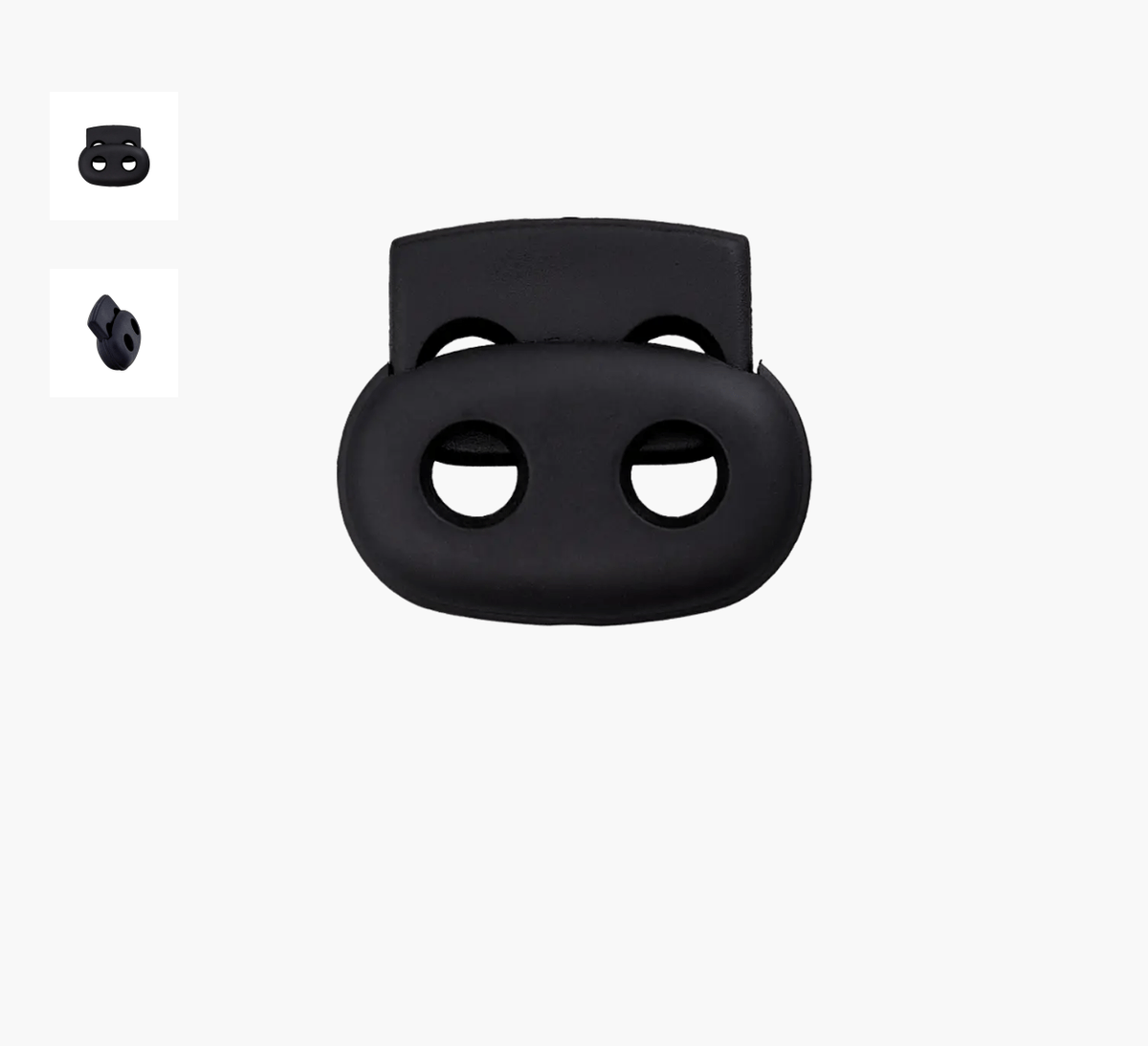 Black polyester cord stopper with two holes.