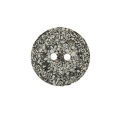 Round 18mm recycled eggshell button with two holes and a speckled grey finish.