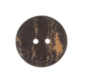 Round, dark brown button with tan marbling and two holes.