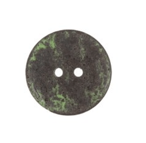 Round, 18mm, 2-hole button made from recycled coffee grounds with a mottled green and dark gray finish.