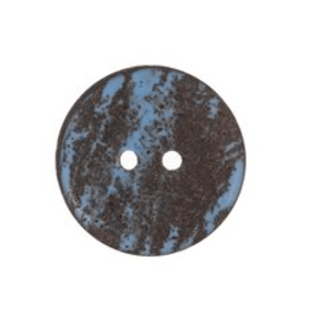 Round, 18mm, 2-hole button with a marbled blue and brown recycled coffee ground finish.
