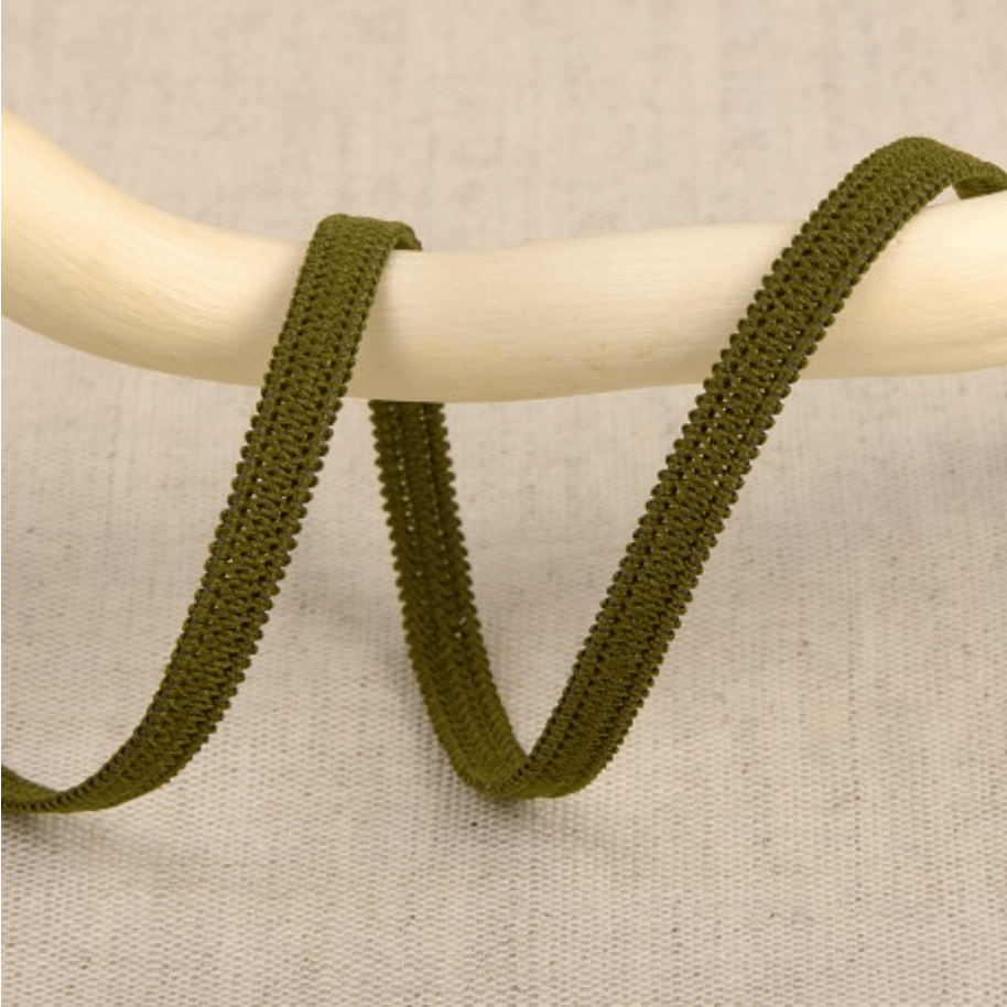 Stephanoise 5mm olive green elastic ribbon made of latex and polyester.