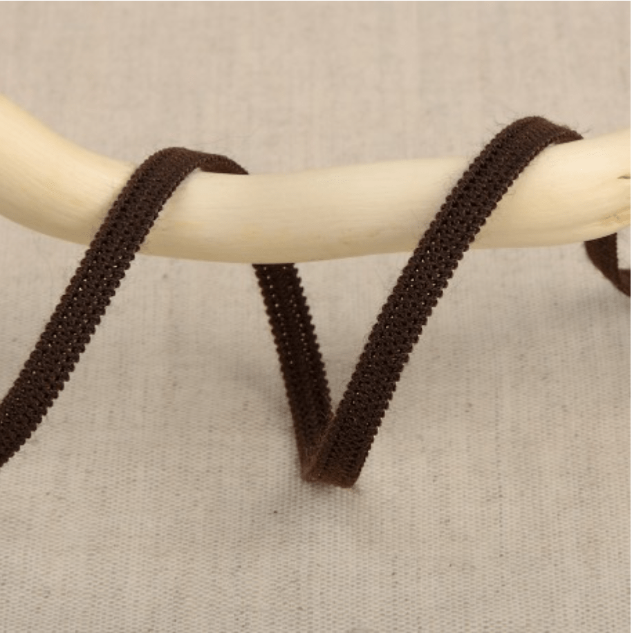 Dark brown elastic ribbon with a textured weave.