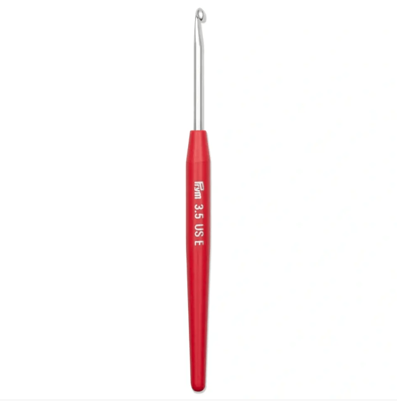 Prym soft-grip crochet hook with a silver metal hook and red handle.
