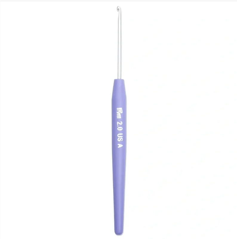 Prym soft-grip crochet hook with a silver metal hook and a purple handle.
