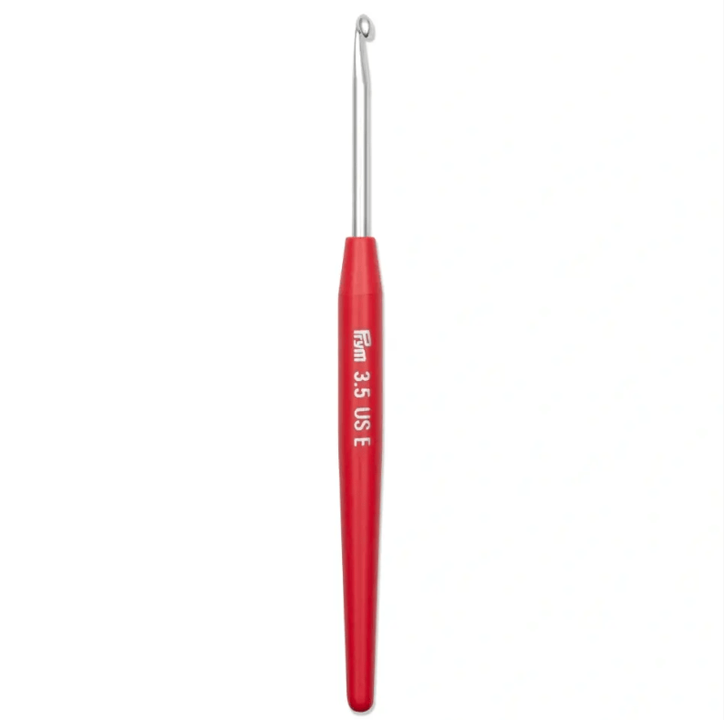 Prym soft-grip crochet hook with silver metal hook and red handle.