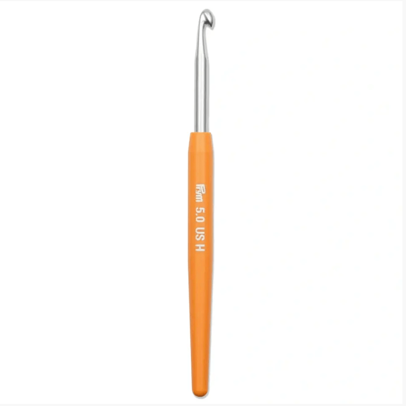 Prym soft-grip crochet hook with silver metal hook and orange handle.