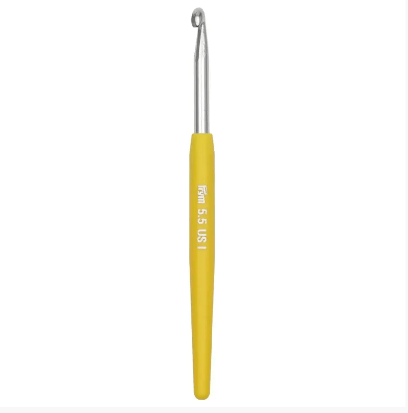 Prym soft-grip crochet hook with silver metal hook and yellow handle.