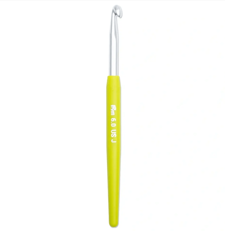 Prym soft-grip crochet hook with silver metal hook and lime green handle.