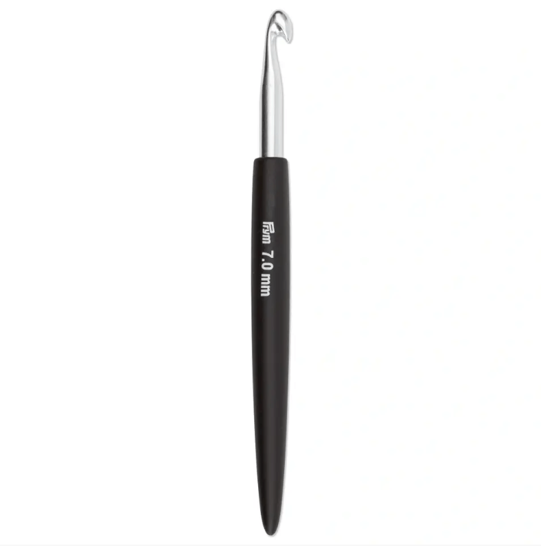Prym soft-grip crochet hook with silver metal tip and black handle.