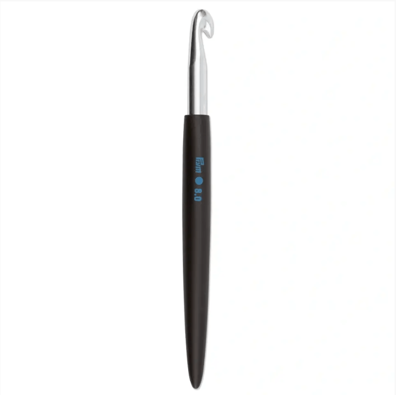 Prym soft-grip crochet hook with silver metal head and black handle.