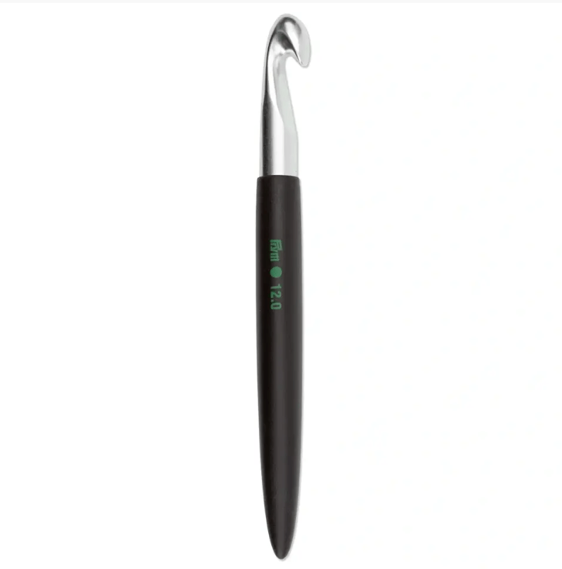 Prym soft-grip crochet hook with silver metal hook and black handle, size 12.0.