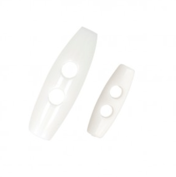 Two white polyester toggle buttons with two holes each.
