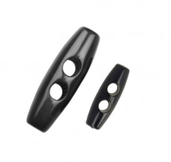 Two black polyester toggle buttons with two holes each.
