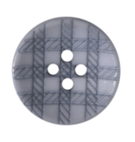 Round gray recycled button with a laser-etched plaid pattern and four holes.