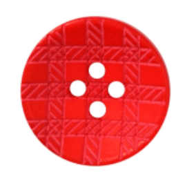 Red recycled 4-hole button with a laser-etched checkered pattern.