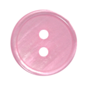 Pink polyester 2-hole button with a ring edge and mother-of-pearl look.