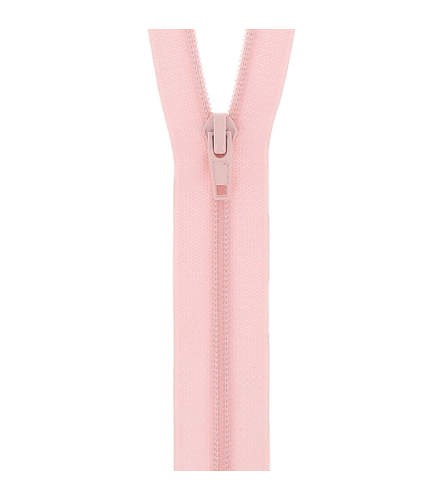 Pink open-end nylon coil zipper with a metal pull tab.