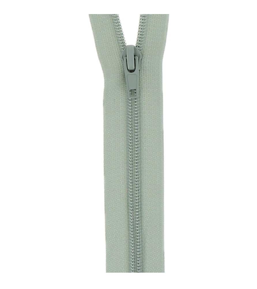 A medium weight, open-end, grey nylon coil zipper.