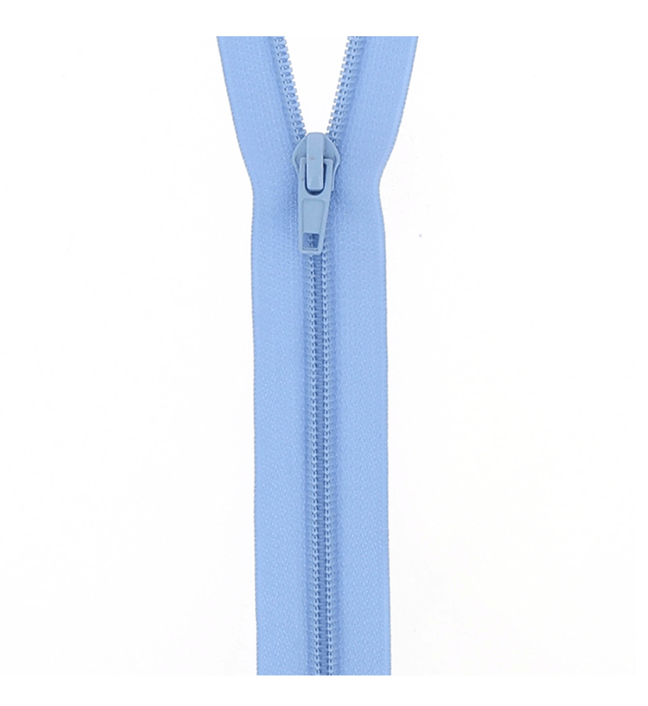 Light blue nylon open-end coil zipper with a light blue pull tab.