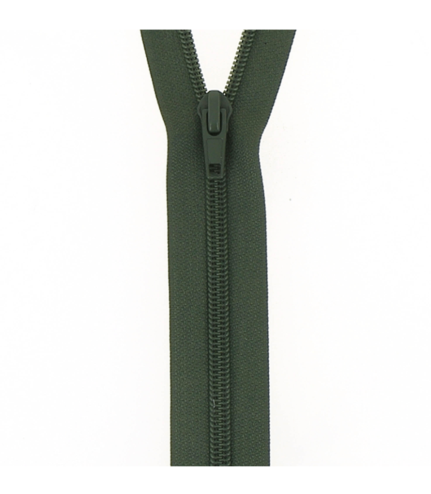 Dark green nylon open-end coil zipper with a dark green pull tab.