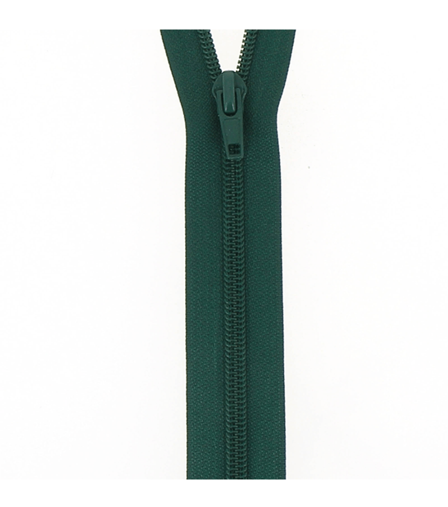 Dark green nylon open-end coil zipper with a dark green pull tab.