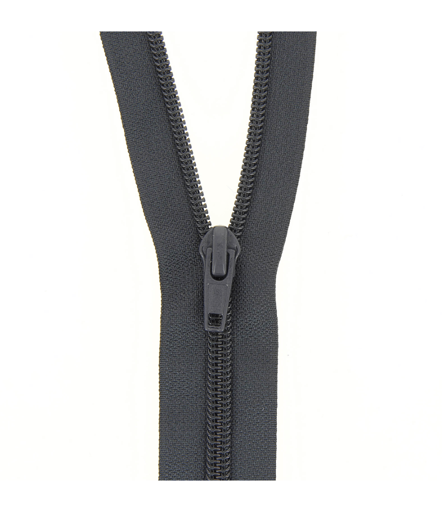 A medium weight, open-end, black nylon coil zipper.