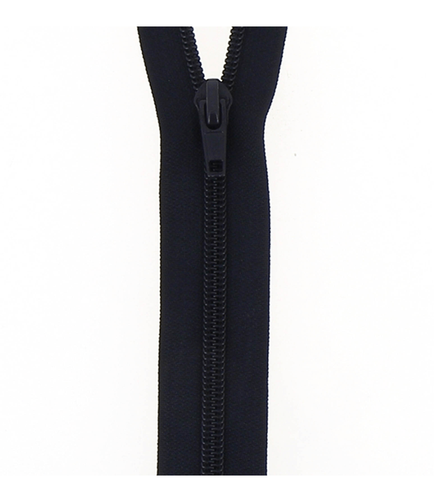 Black nylon open-end coil zipper with a black slider.