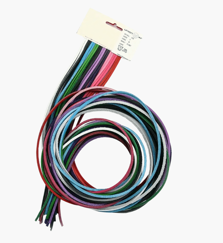 A bundle of colorful 3mm leather tapes coiled together.