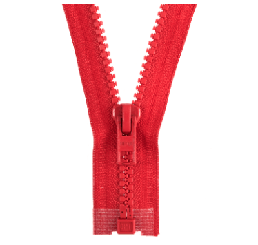 Red 80cm open end molded plastic zipper with a red slider.