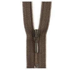 Brown polyester closed-end zipper with a dark metal pull tab.