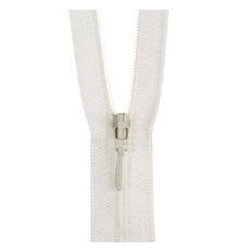 Closed end white polyester zipper with a metal slider, 55cm long.