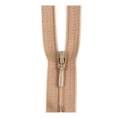 Closed end beige polyester zipper with a beige slider.