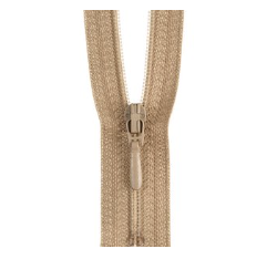 Closed end beige polyester zipper with a matching pull tab.