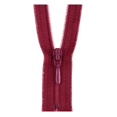 Closed end maroon polyester zipper with a matching pull tab.