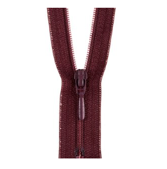 Closed end maroon polyester zipper with a matching pull tab.