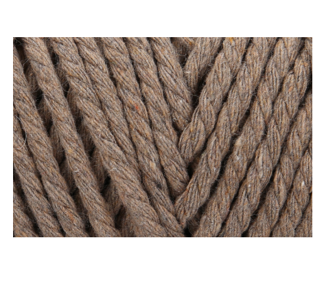 Close-up of thick, twisted brown yarn with flecks of color.