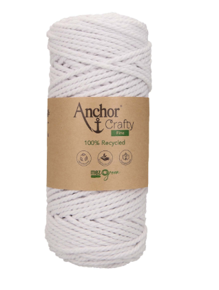 A spool of white Anchor Crafty Fine 3mm twisted crochet yarn made from 100% recycled materials.