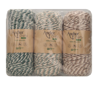 Three spools of Anchor Crafty Fine 3mm twisted yarn in green, beige, and brown.