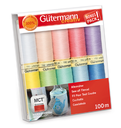 Gutermann Sew-All thread set with 10 reels of 100m sewing thread in pastel colors.