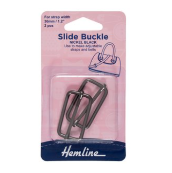 Two nickel black slide buckles for adjustable straps and belts.