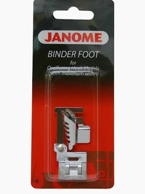 Janome bias binder foot for sewing machines in its original red and black packaging.